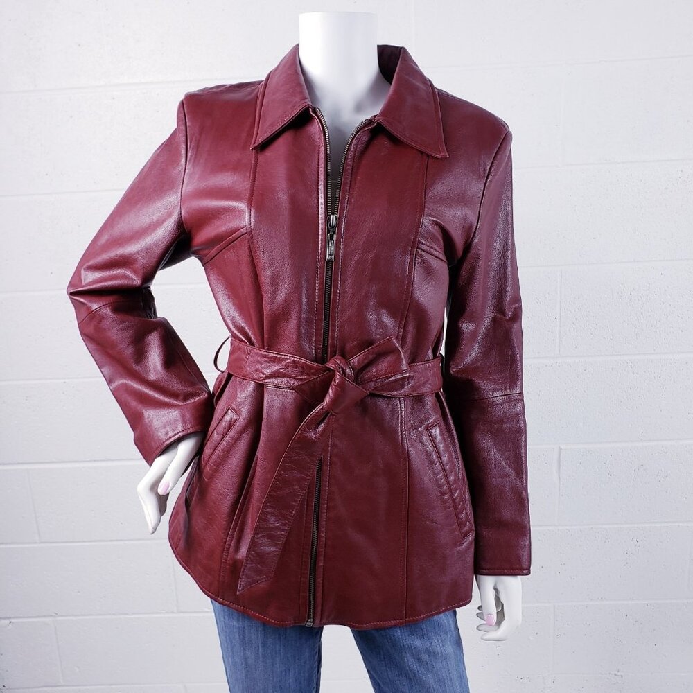 Wilson's Red Leather Mid Length Belted Insulated Coat Jacket Size Woman's Medium